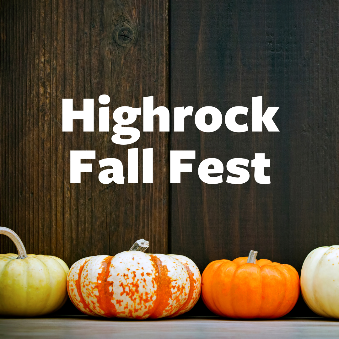 The title of the event, "Highrock Fall Fest," with a row of pumpkins.